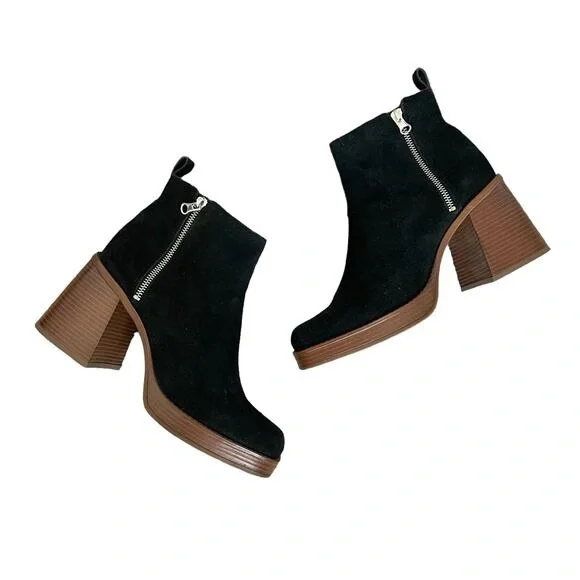 Black Suede Ankle Boots with Chunky Wooden Heel - Picture 2 of 6